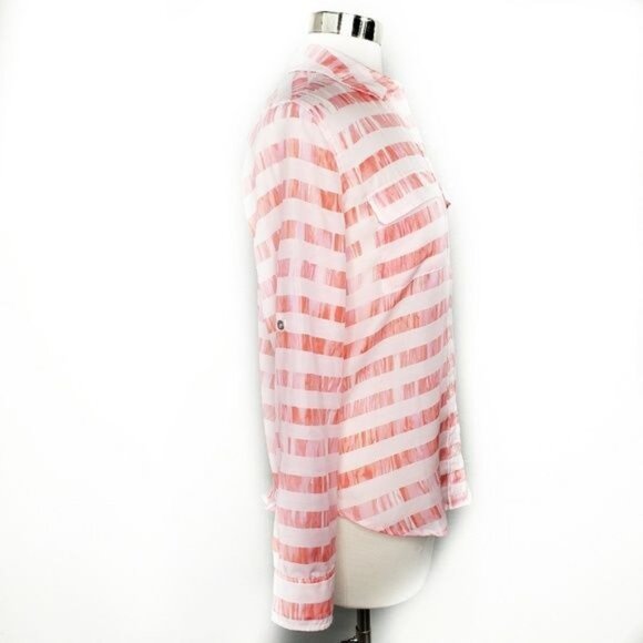 Calvin Klein Womens Sheer Coral Pink‎ Striped Button-Down Blouse S - Picture 2 of 8